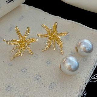 Flower Faux Pearl Alloy Earring D-155 - 1 Pair - Gold - One Size