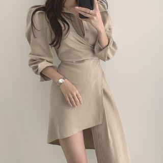 Long-sleeve Asymmetric Drawstring Shirt Dress