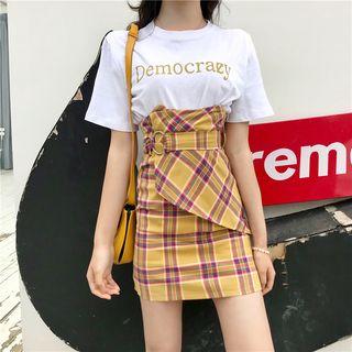 Lettering Short-sleeve T-shirt / Plaid High-waist Mini Skirt
