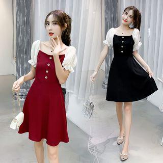 Lantern Sleeve Square Neck Midi Dress