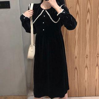 Long-sleeve Bobble Trim Midi A-line Dress Black - One Size