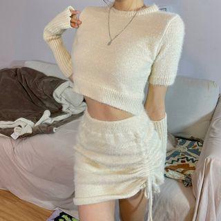 Set: Short-sleeve Knit Top + Drawstring Mini Pencil Skirt + Fingerless Gloves Almond - One Size
