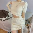 Set: Short-sleeve Knit Top + Drawstring Mini Pencil Skirt + Fingerless Gloves Almond - One Size