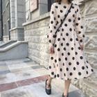 Long-sleeve Dotted Midi A-line Dress Light Brown - One Size