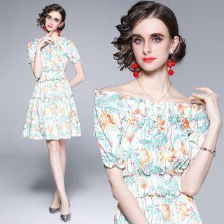 Short-sleeve Off-shoulder Floral Print Frill Trim A-line Dress