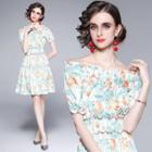 Short-sleeve Off-shoulder Floral Print Frill Trim A-line Dress