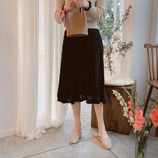 Band-waist Perforated Knit Skirt