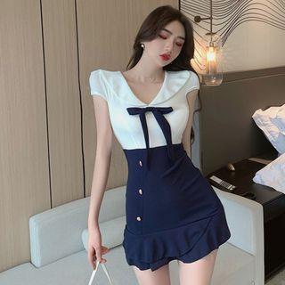 Cap-sleeve Two Tone A-line Dress