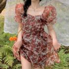 Puff-sleeve Floral Sheer Dress