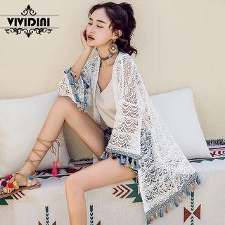 Tasseled Crochet Lace Cover-up White - One Size