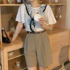 Short-sleeve Print Shawl Collar T-shirt / Belted Shorts