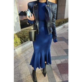 Ruffle-hem Ribbed Knit Dress