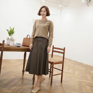 Seam-trim Faux-leather Swing Skirt