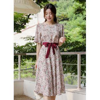 Floral Midi Chiffon Dress With Sash