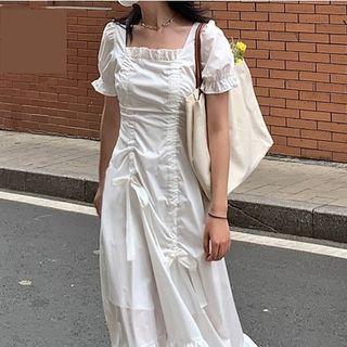 Puff-sleeve Square-neck Frill Trim A-line Dress