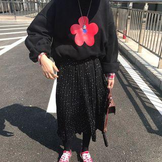 Flower Print Pullover / Dotted Accordion Pleat Midi Skirt