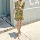 Puff-sleeve Floral Print Wrap-front Minidress Yellow - One Size