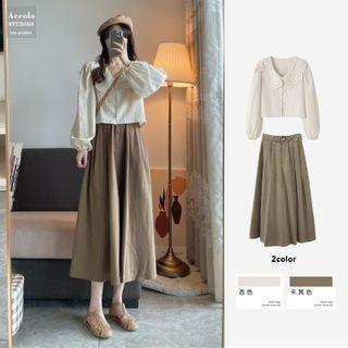Long-sleeve Lace-collar Button-up Blouse / Midi A-line Skirt