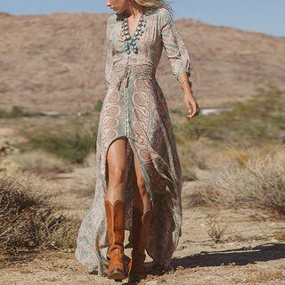 Floral Print 3/4-sleeve Slit-front V-neck Sheath Dress