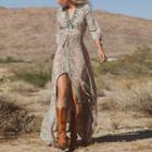 Floral Print 3/4-sleeve Slit-front V-neck Sheath Dress