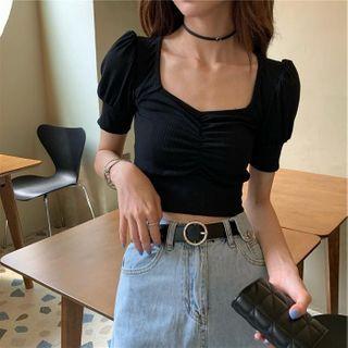 Puff-sleeve Cropped Blouse Black - One Size