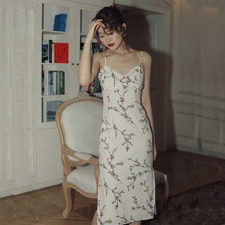 Spaghetti-strap Floral Print Midi Sheath Dress