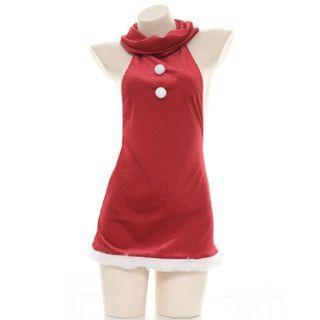 Halter Open-back Fleece Trim Night Dress Red - One Size