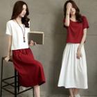 Set: Short Sleeve Linen Cotton Top + A-line Skirt