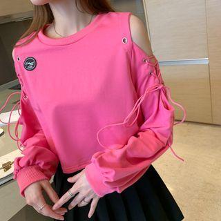 Cold-shoulder Applique Lace Up Sweatshirt