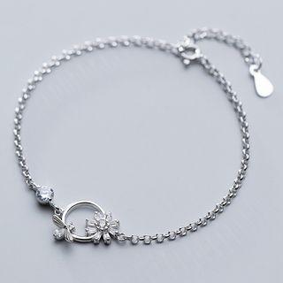 925 Sterling Silver Rhinestone Flower Bracelet S925 Silver - Bracelet - Silver - One Size