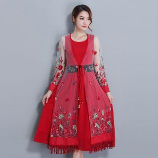 Set: Sleeveless Top + Midi A-line Skirt + Embroidered Light Jacket