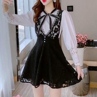 Set: Plain Blouse + Lace Mini A-line Overall Dress