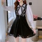 Set: Plain Blouse + Lace Mini A-line Overall Dress
