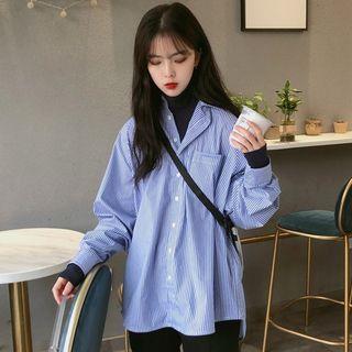 Long-sleeve Mock Neck T-shirt / Striped Shirt