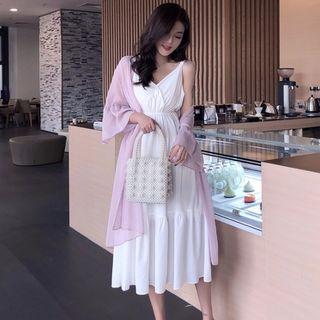3/4-sleeve Long Chiffon Jacket / Spaghetti Strap Midi Dress