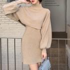 Set: Knit Mini Sheath Tank Dress + Lantern-sleeve Cropped Sweater