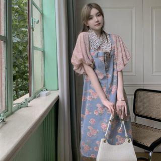 Faux Pearl Peter Pan Collar Shirt / Floral Denim Jumper Dress