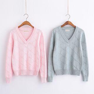Embroidered V-neck Knit Sweater