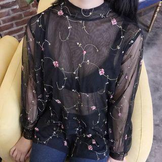 Floral Embroidered Mesh Long-sleeve Top