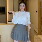 Long-sleeve Crinkled Shirt / Mini Pleated Skirt