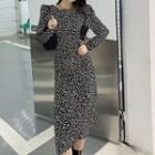 Long-sleeve Leopard Print Slit Midi Sheath Dress