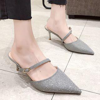 Pointed Glitter Kitten-heel Mules