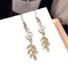 Faux Pearl Alloy Leaf Dangle Earring 1 Pair - Steel Needle - Gold - One Size