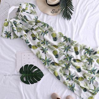 Pineapple Print Off-shoulder Midi Chiffon Dress