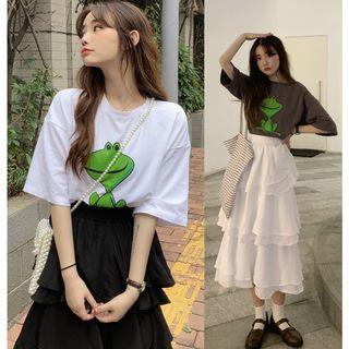 Cartoon Short-sleeve T Shirt + High-waist A-line Cake Skirt Semi Skirt Set 2-piece