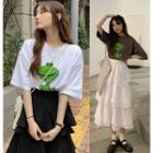 Cartoon Short-sleeve T Shirt + High-waist A-line Cake Skirt Semi Skirt Set 2-piece