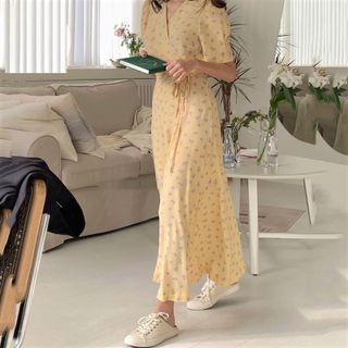 V-neck Tie-waist Floral Maxi A-line Dress