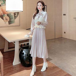 Mock Two-piece Tie-neck Long-sleeve Midi Dress