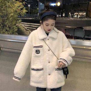 Contrast Trim Embroidered Shearling Coat
