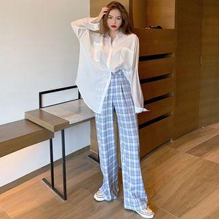 Pocket Detail Shirt / Plaid Wide-leg Pants
